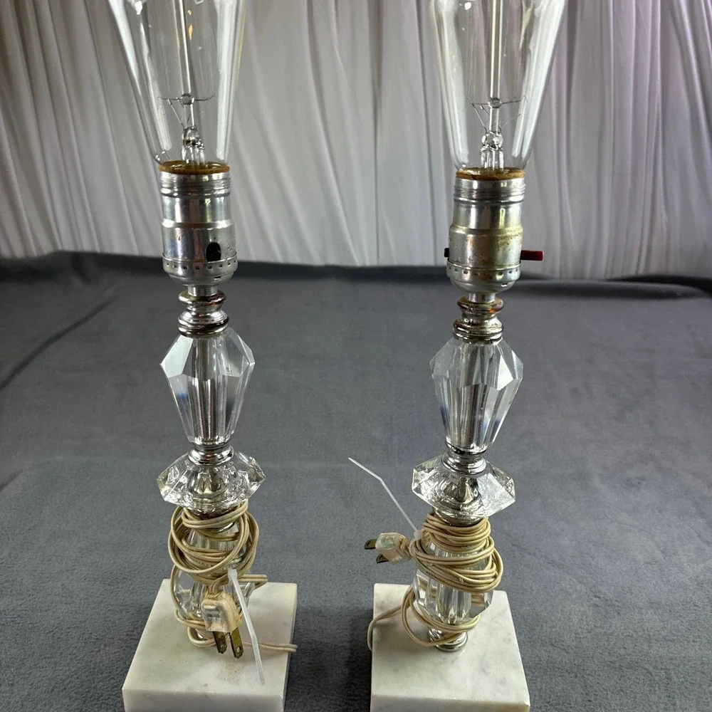 Vintage Clear Glass‎ Marble Base Boudoir Lamp Original Wiring